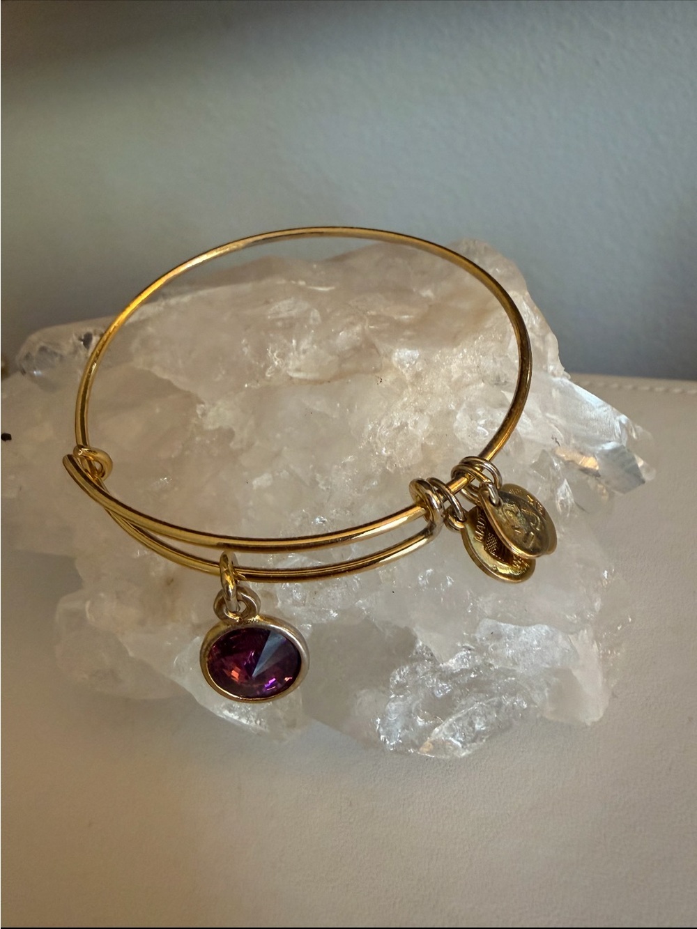Alex and Ani Gold-Tone Bangle with Purple Crystal Charm
